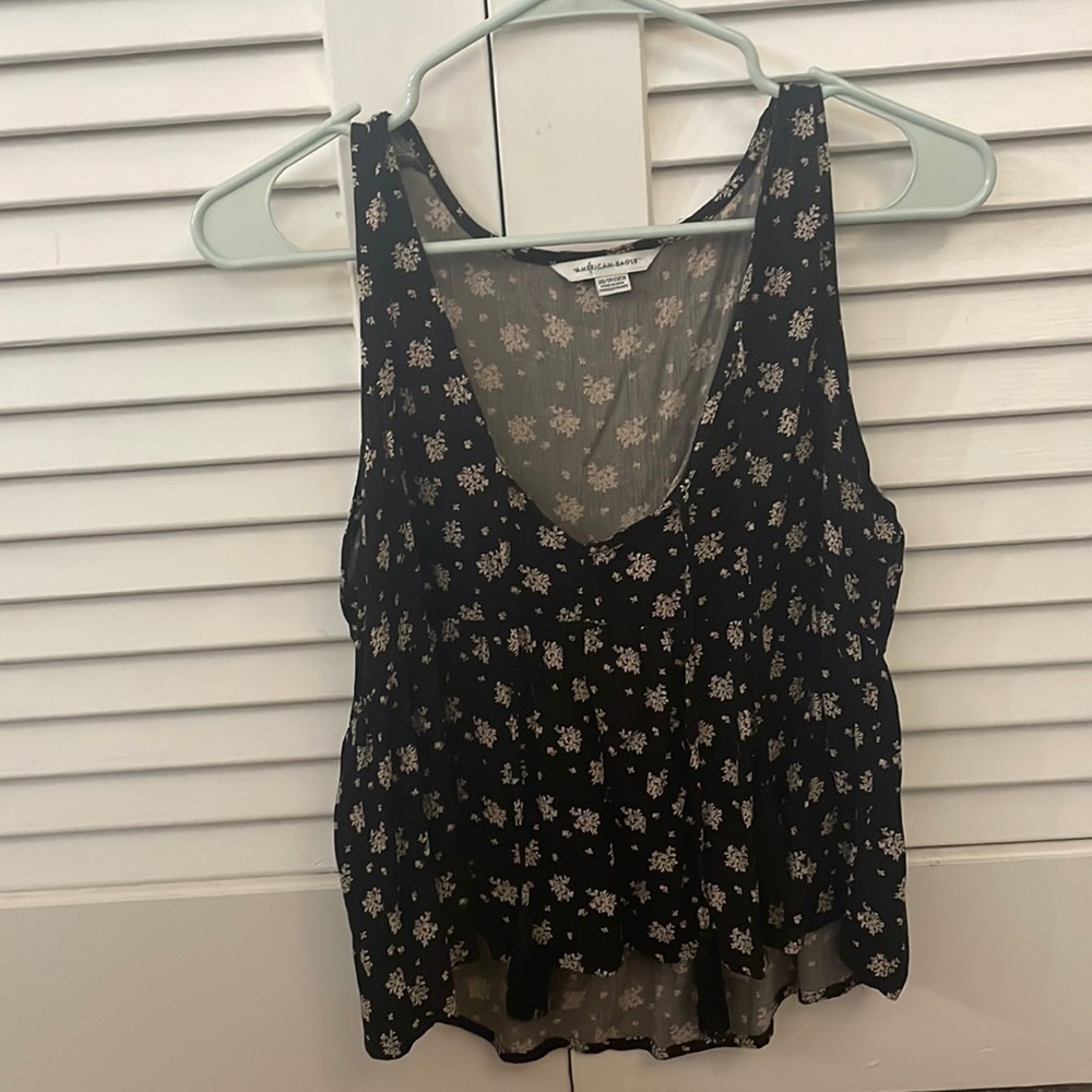 American eagle, extra small, brown flowers on black tank top, deep v-neck
